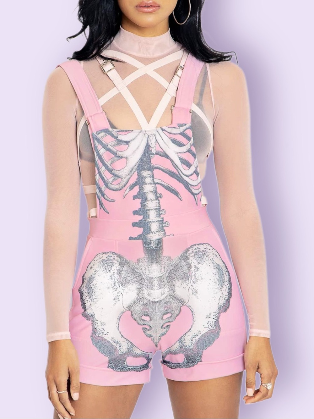 Blackmilk Ribs Pink Short Overalls NWT XS Skeleton Heart Pastel Goth Kawaii